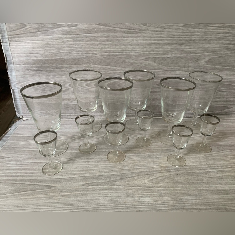 Vintage mcm silver rimmed drinking glasses with matching shot glasses. Set of 6.